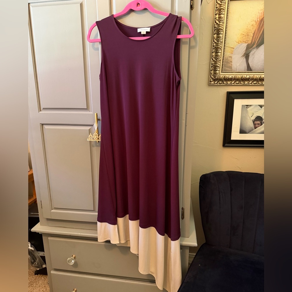 Calvin Klein Sleeveless Asymmetrical Two-Tone Dress in Burgundy and Cream